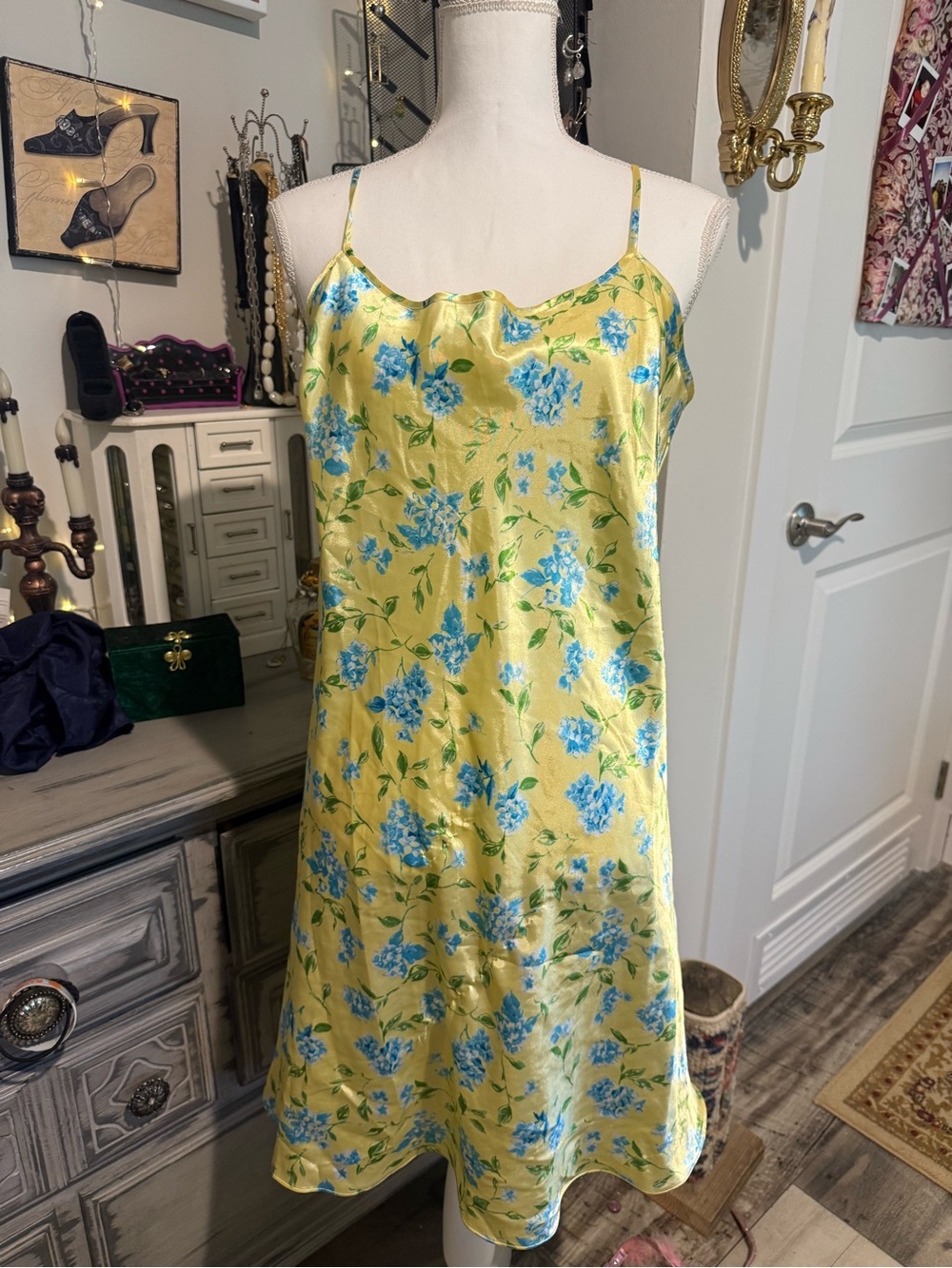 Silky Yellow Floral Slip Dress with Blue Blooms